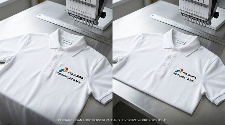 Logo tipe horizontal idealnya berada di rentang lebar 7–9 cm agar tidak 'tumpah' ke area ketiak.