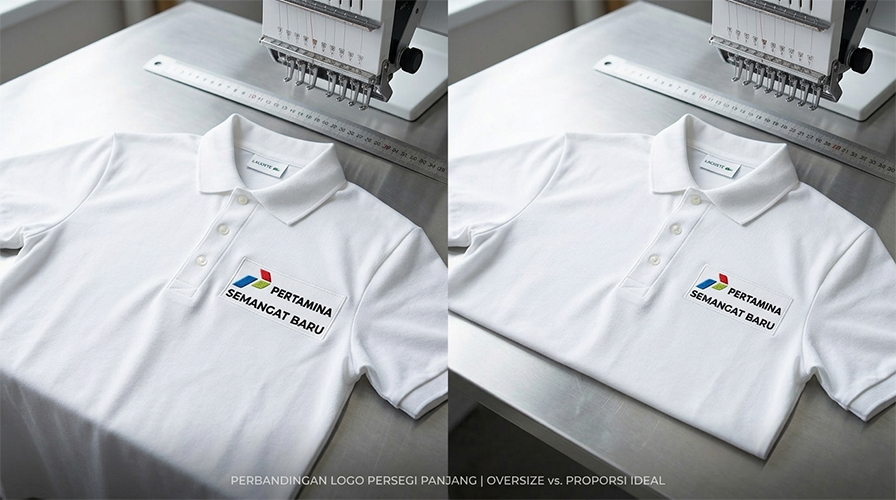 Logo tipe horizontal idealnya berada di rentang lebar 7–9 cm agar tidak 'tumpah' ke area ketiak.