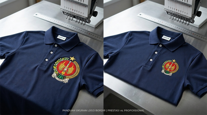 Perbedaan visual logo bulat diameter 9 cm vs 6.5 cm pada kaos polo.